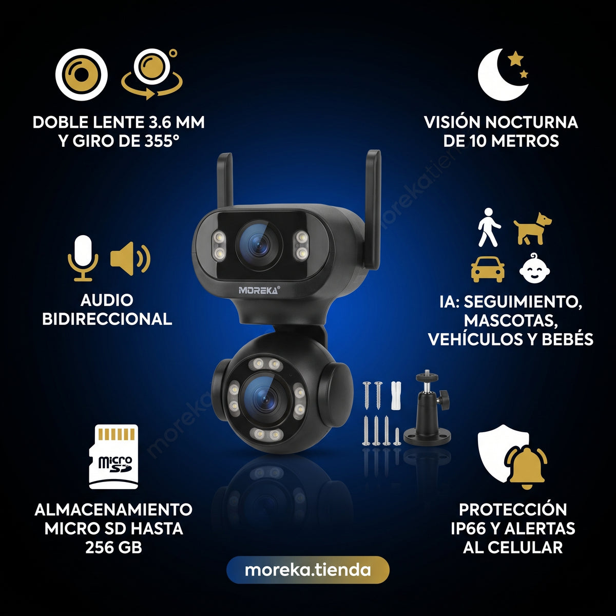 Cámara Inteligente WiFi Moreka JK008 con Doble Lente, IA y Protección IP66