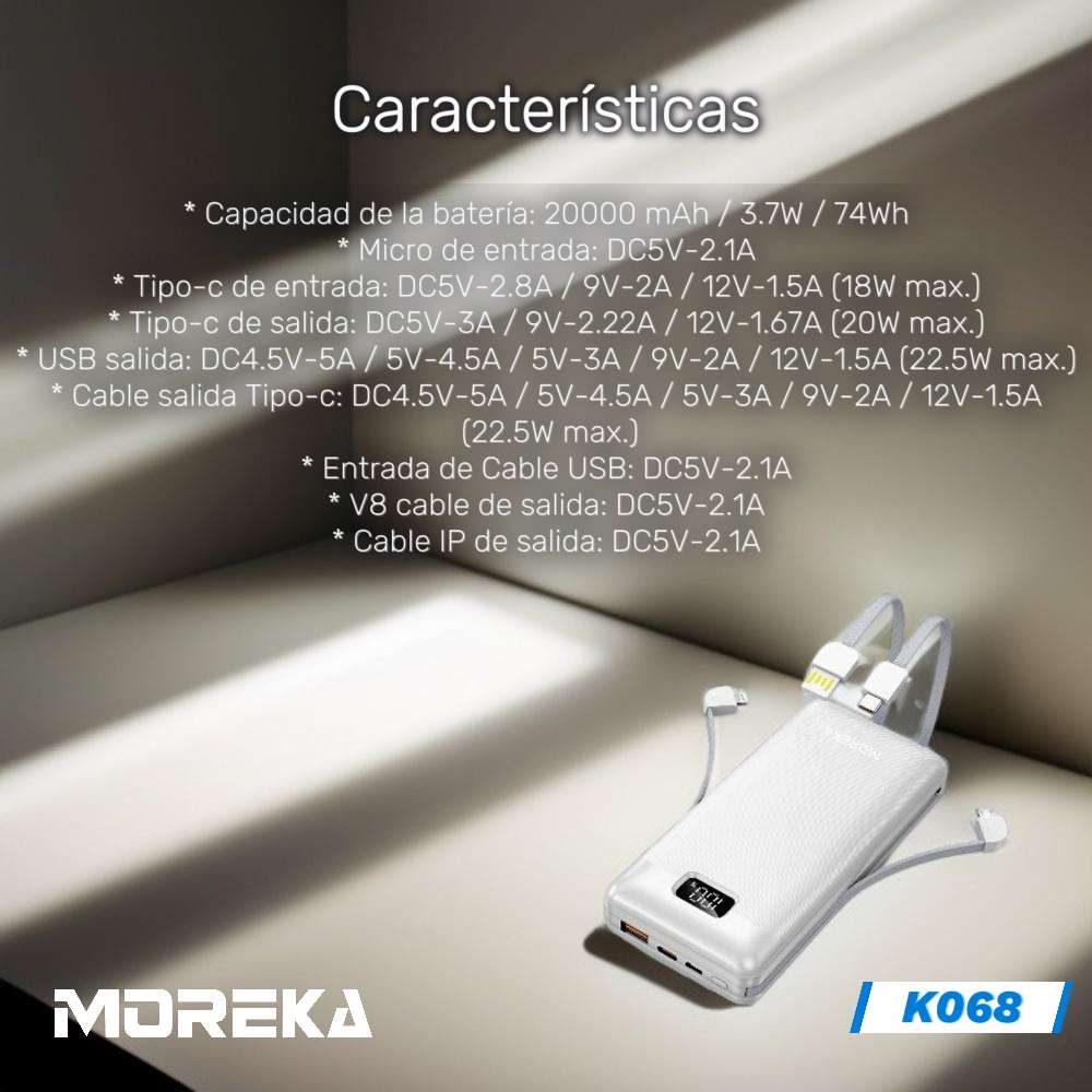 Powerbank Moreka K068 20000 mAh 22.5W Tipo C IP V8