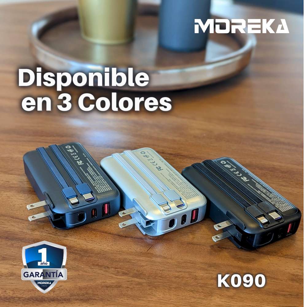 Power Bank Moreka K090 12000 mAh 22.5W cable tipo C y tipo IP clavija plegable