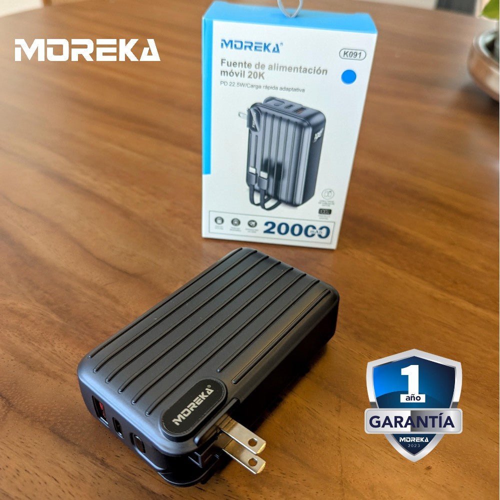 Power Bank Moreka K091 20000 mAh 22.5W cable tipo C y tipo IP clavija plegable