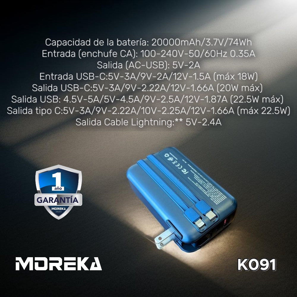 Power Bank Moreka K091 20000 mAh 22.5W cable tipo C y tipo IP clavija plegable