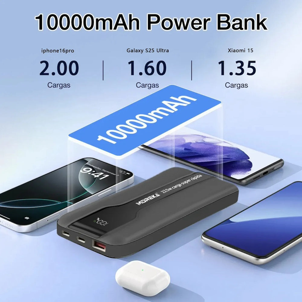 Power Bank Moreka K092 10000mAh 22.5W cables C USB Lightning y Micro USB
