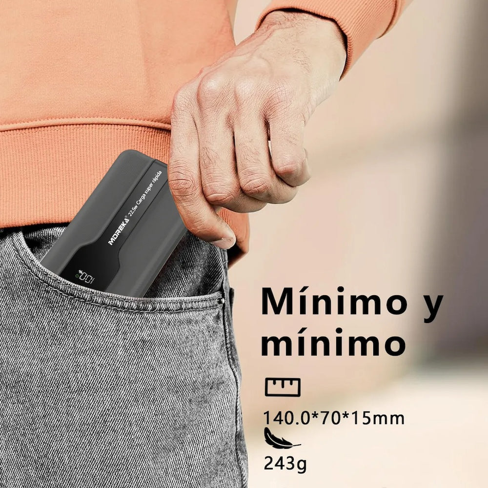 Power Bank Moreka K092 10000mAh 22.5W cables C USB Lightning y Micro USB