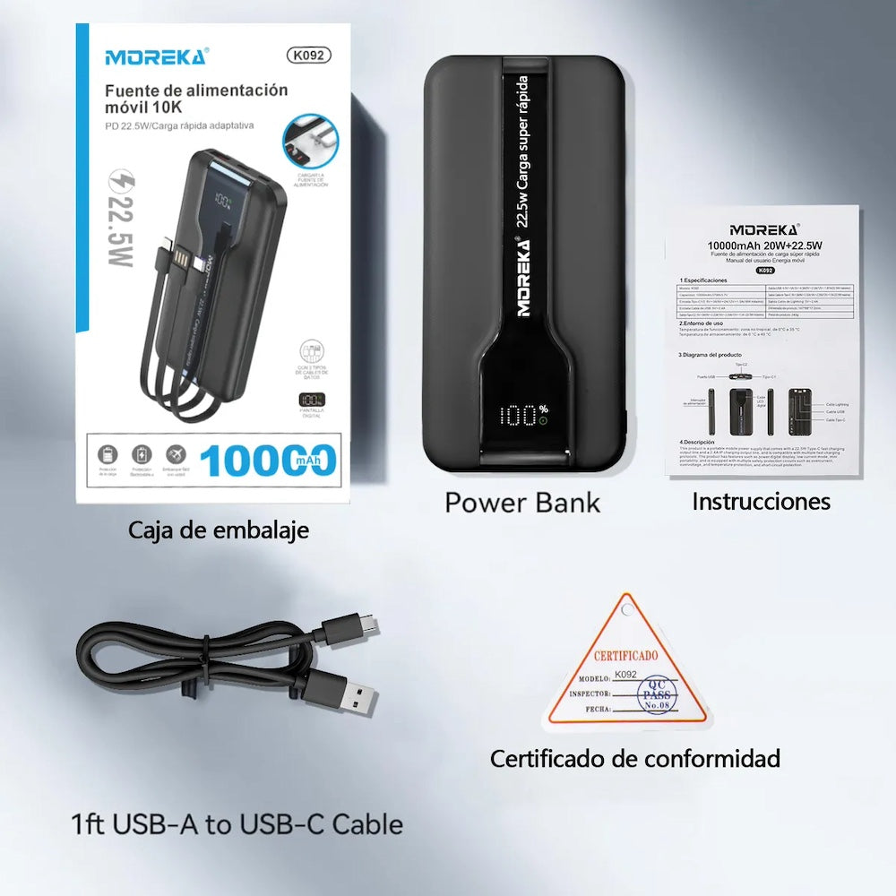 Power Bank Moreka K092 10000mAh 22.5W cables C USB Lightning y Micro USB