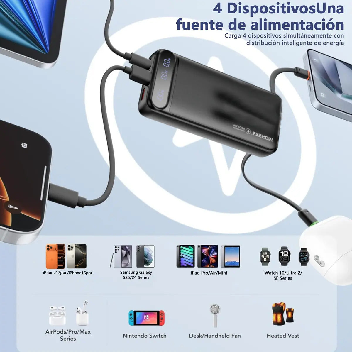 Power Bank Moreka K093 10000mAh con 3 Cables Integrados (1 x Type-C Entrada y Salida + 1 x Cable para iPhone + 1 x USB) Pantalla LED Digital Carga Inteligente