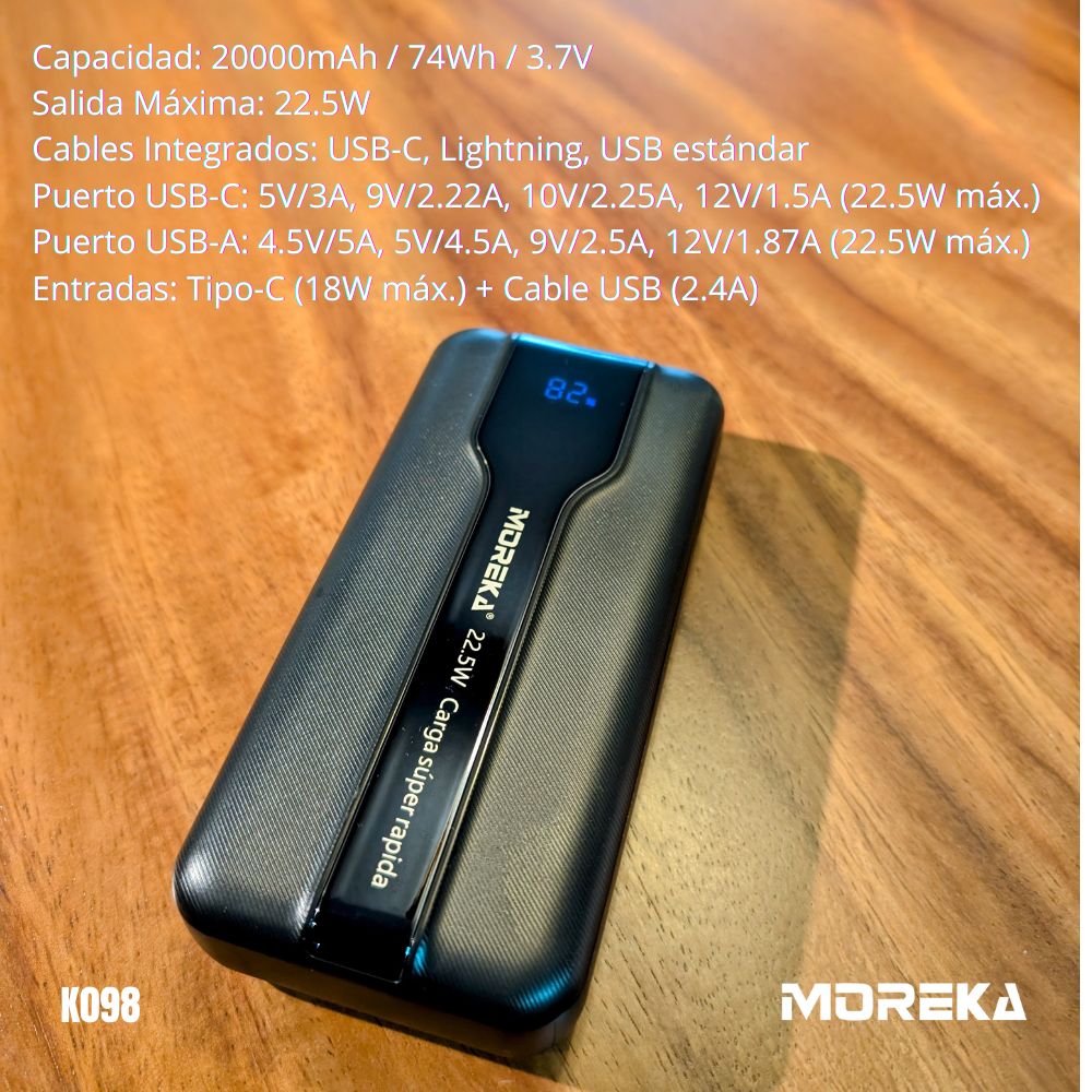Power Bank Moreka K098 20000mAh 22.5W Cables C Lightning V8