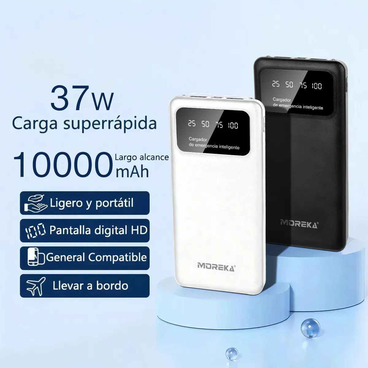 Power Bank Moreka K101 10000mAh 37Wh Puertos de Salida 2 USB + Entrada y Salida Tipo C Pantalla LED Linterna Carga Rápida
