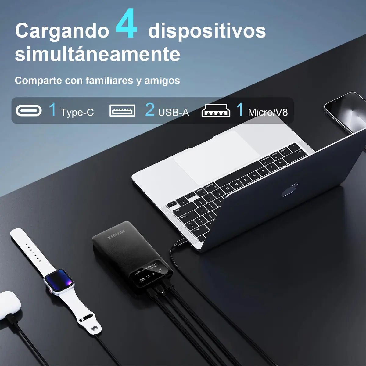 Power Bank Moreka K101 10000mAh 37Wh Puertos de Salida 2 USB + Entrada y Salida Tipo C Pantalla LED Linterna Carga Rápida