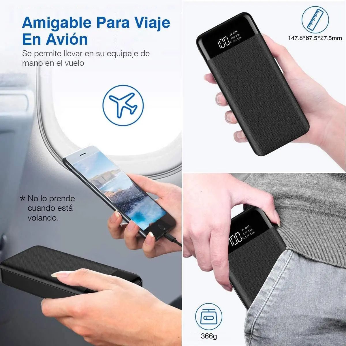 Power Bank Moreka K101 10000mAh 37Wh Puertos de Salida 2 USB + Entrada y Salida Tipo C Pantalla LED Linterna Carga Rápida