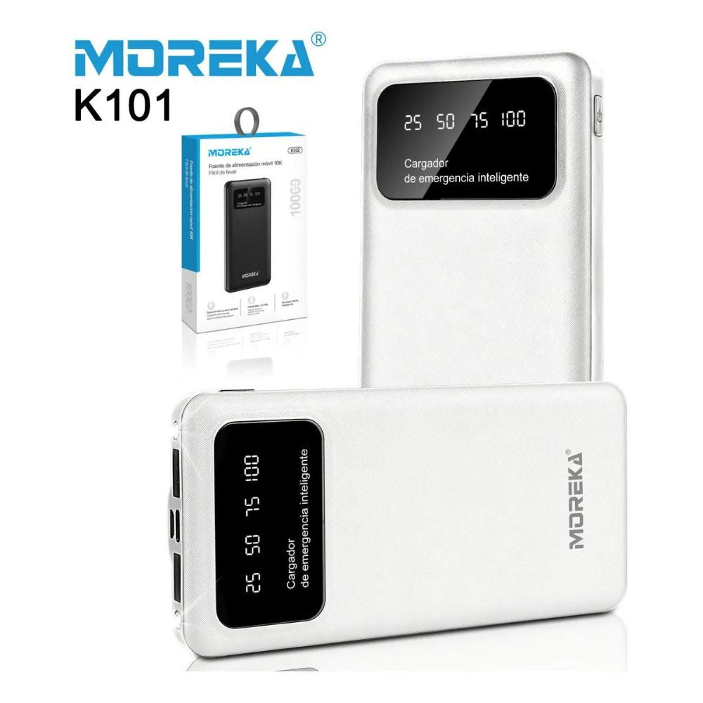Power Bank Moreka K101 10000mAh 37Wh Puertos de Salida 2 USB + Entrada y Salida Tipo C Pantalla LED Linterna Carga Rápida
