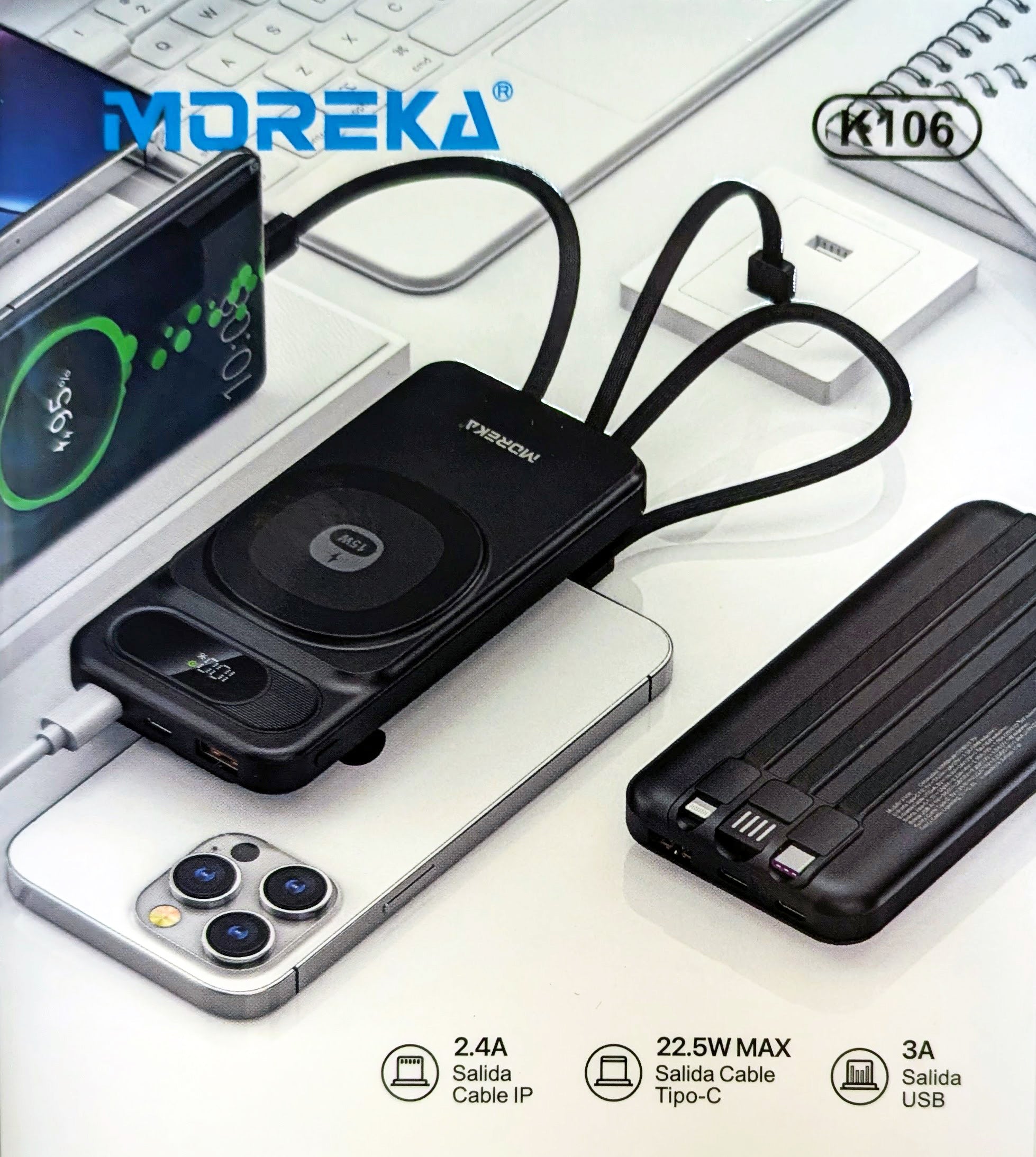 Power Bank Moreka K106 10000mAh 37Wh 15W magnética 22.5w máxima incluye cables