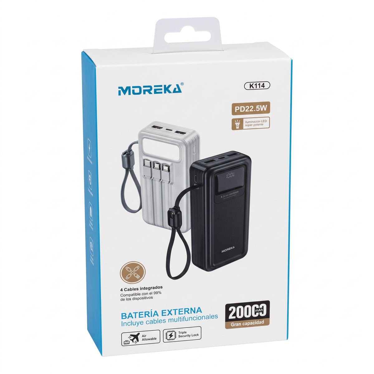 Batería Externa Moreka K114 20000mAh con 22.5W y Cuatro Cables Integrados