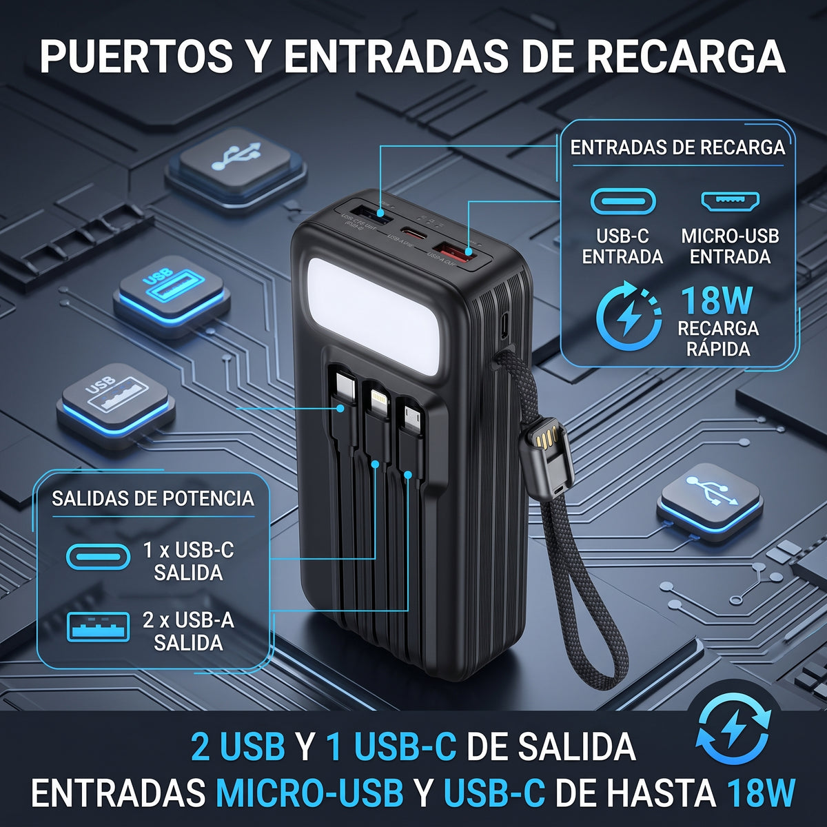 Batería Externa Moreka K114 20000mAh con 22.5W y Cuatro Cables Integrados
