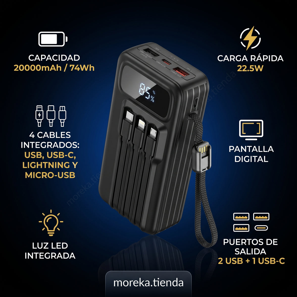 Batería Externa Moreka K114 20000mAh con 22.5W y Cuatro Cables Integrados