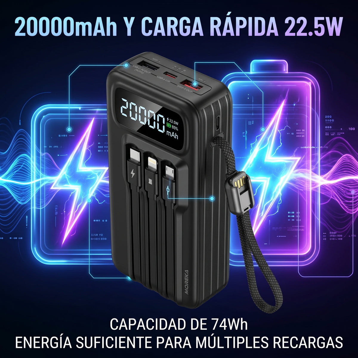 Batería Externa Moreka K114 20000mAh con 22.5W y Cuatro Cables Integrados