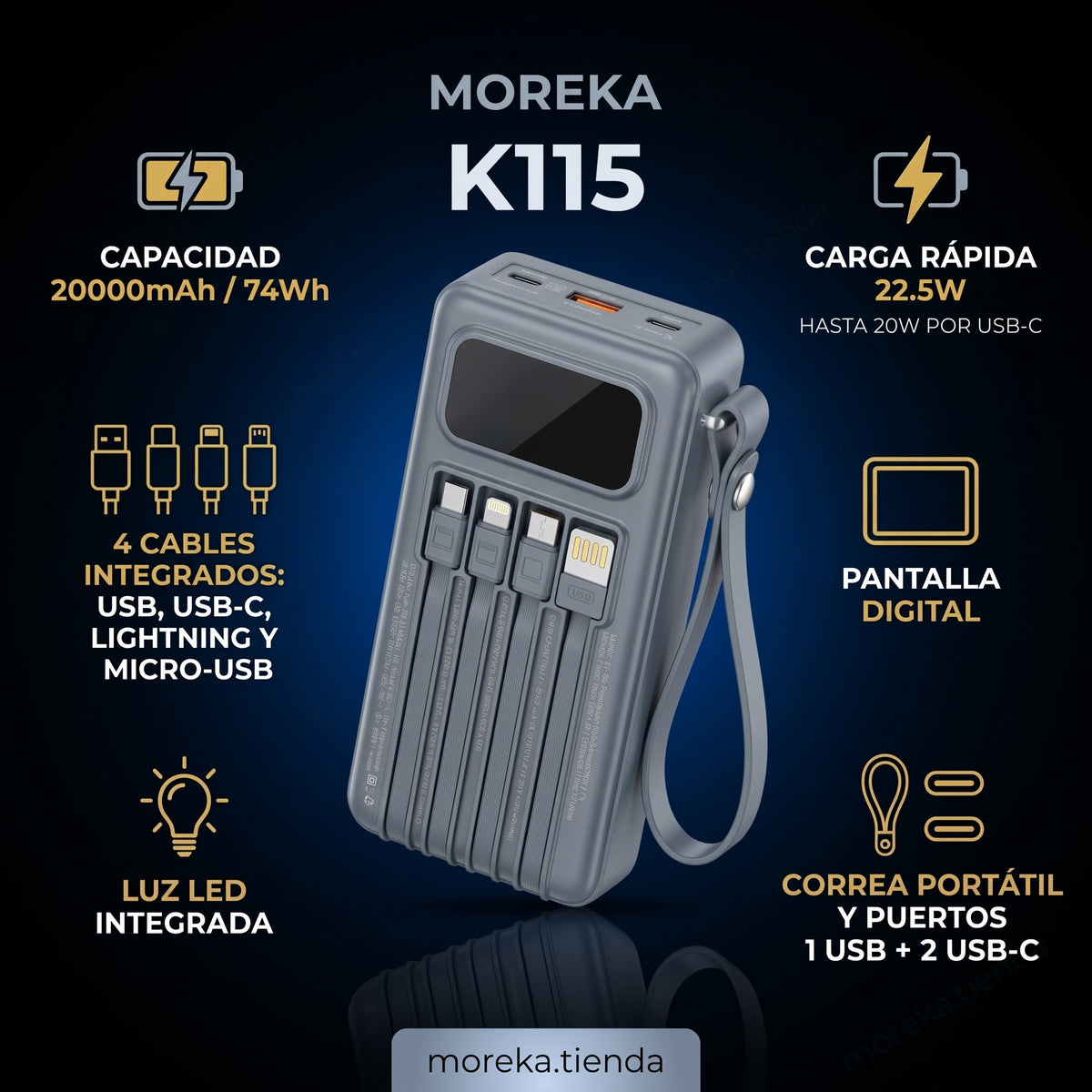 Batería Externa Moreka K115 20000mAh con 22.5W, Cuatro Cables Integrados y Correa Portátil
