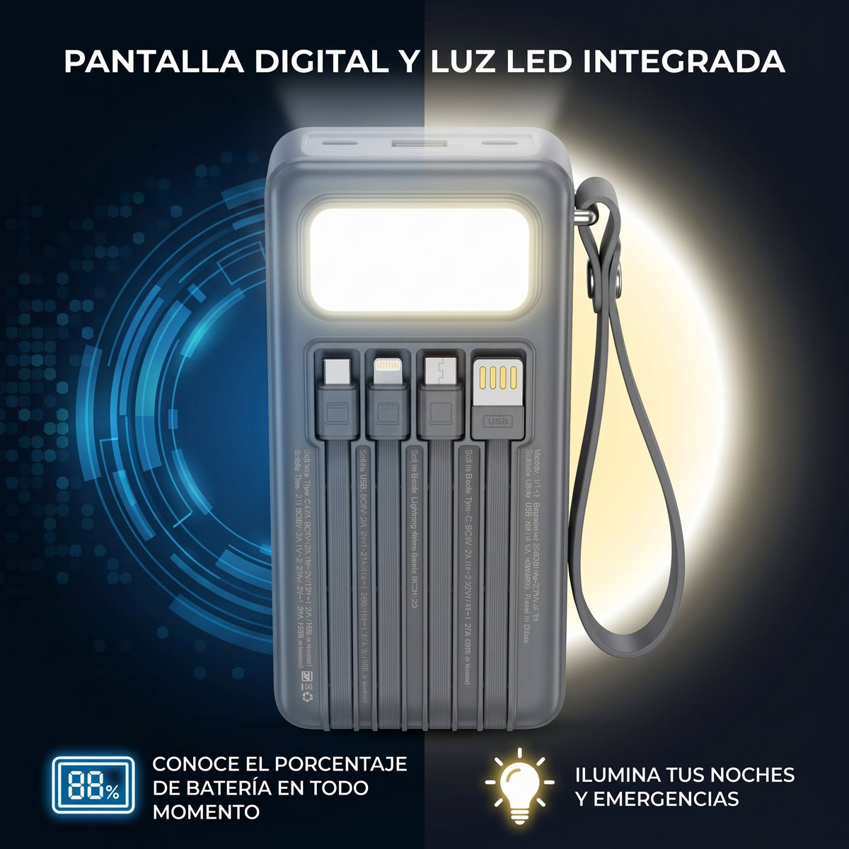 Batería Externa Moreka K115 20000mAh con 22.5W, Cuatro Cables Integrados y Correa Portátil