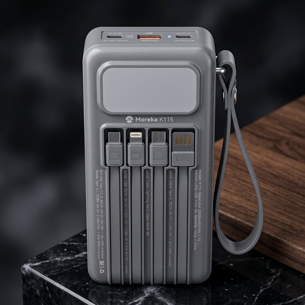 Batería Externa Moreka K115 20000mAh con 22.5W, Cuatro Cables Integrados y Correa Portátil