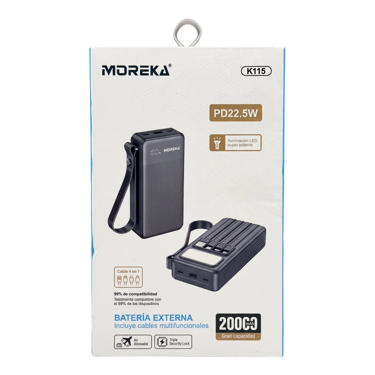 Batería Externa Moreka K115 20000mAh con 22.5W, Cuatro Cables Integrados y Correa Portátil