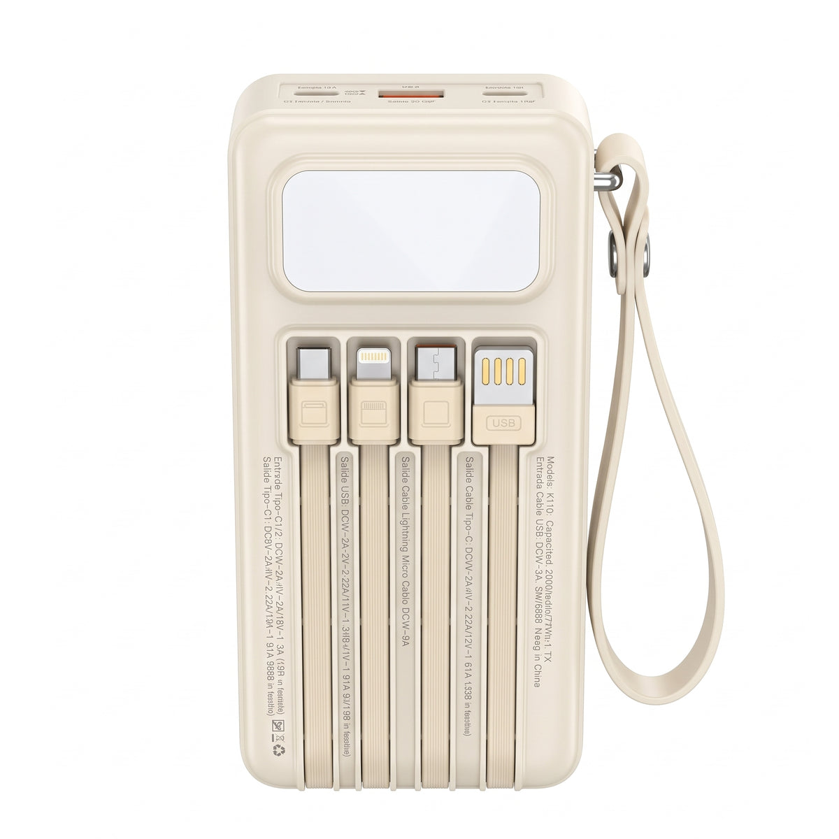Batería Externa Moreka K115 20000mAh con 22.5W, Cuatro Cables Integrados y Correa Portátil