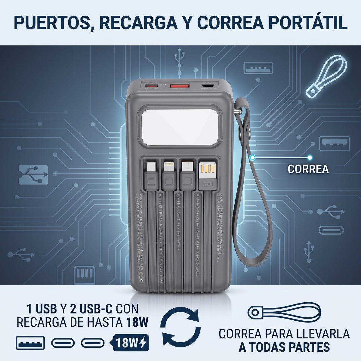 Batería Externa Moreka K115 20000mAh con 22.5W, Cuatro Cables Integrados y Correa Portátil