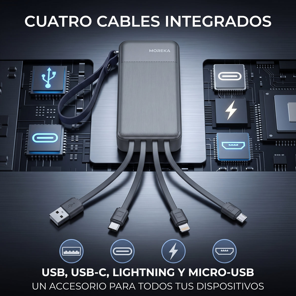 Batería Externa Moreka K115 20000mAh con 22.5W, Cuatro Cables Integrados y Correa Portátil