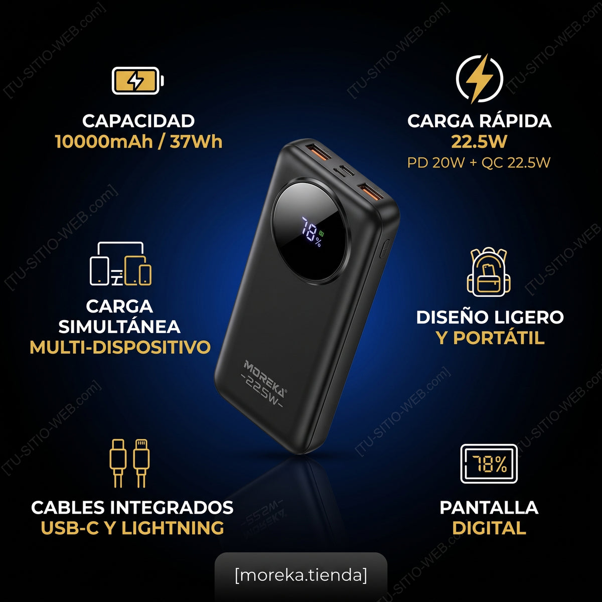 Batería Externa Moreka K116 10000mAh con 22.5W, Cables Integrados y Pantalla Digital