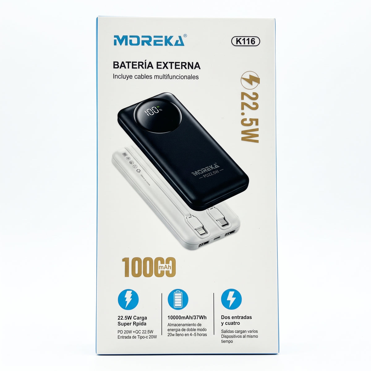 Batería Externa Moreka K116 10000mAh con 22.5W, Cables Integrados y Pantalla Digital