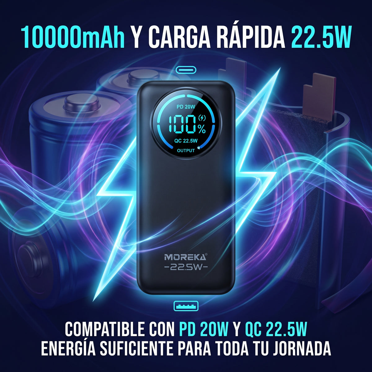 Batería Externa Moreka K116 10000mAh con 22.5W, Cables Integrados y Pantalla Digital