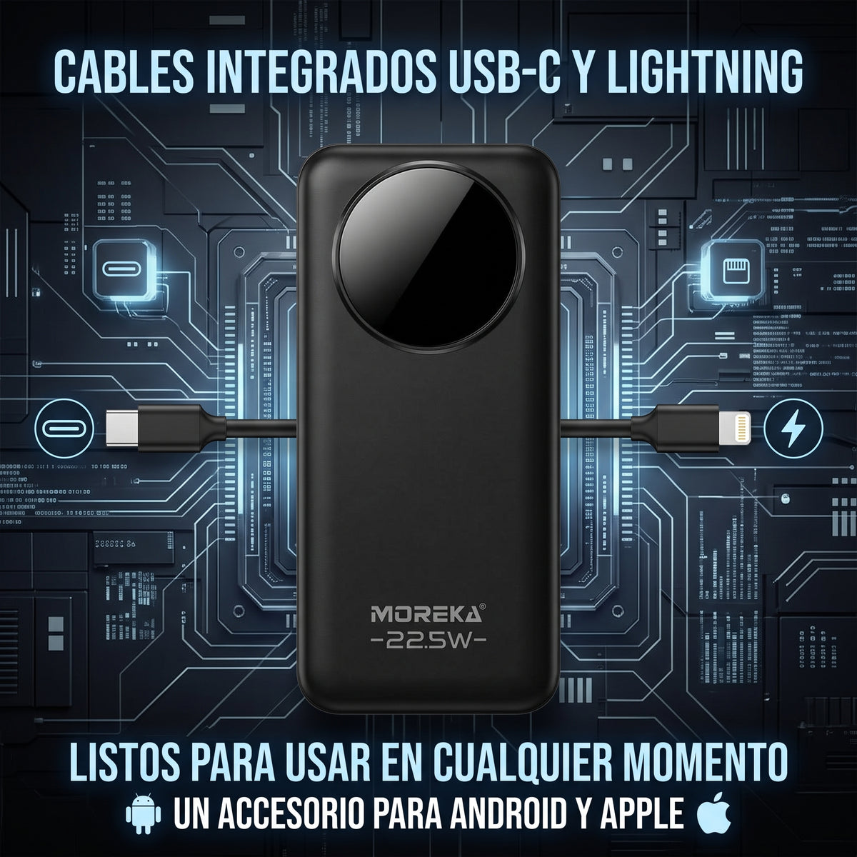 Batería Externa Moreka K116 10000mAh con 22.5W, Cables Integrados y Pantalla Digital