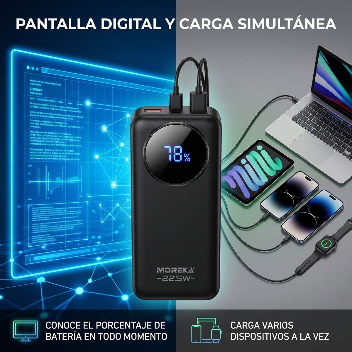 Batería Externa Moreka K116 10000mAh con 22.5W, Cables Integrados y Pantalla Digital