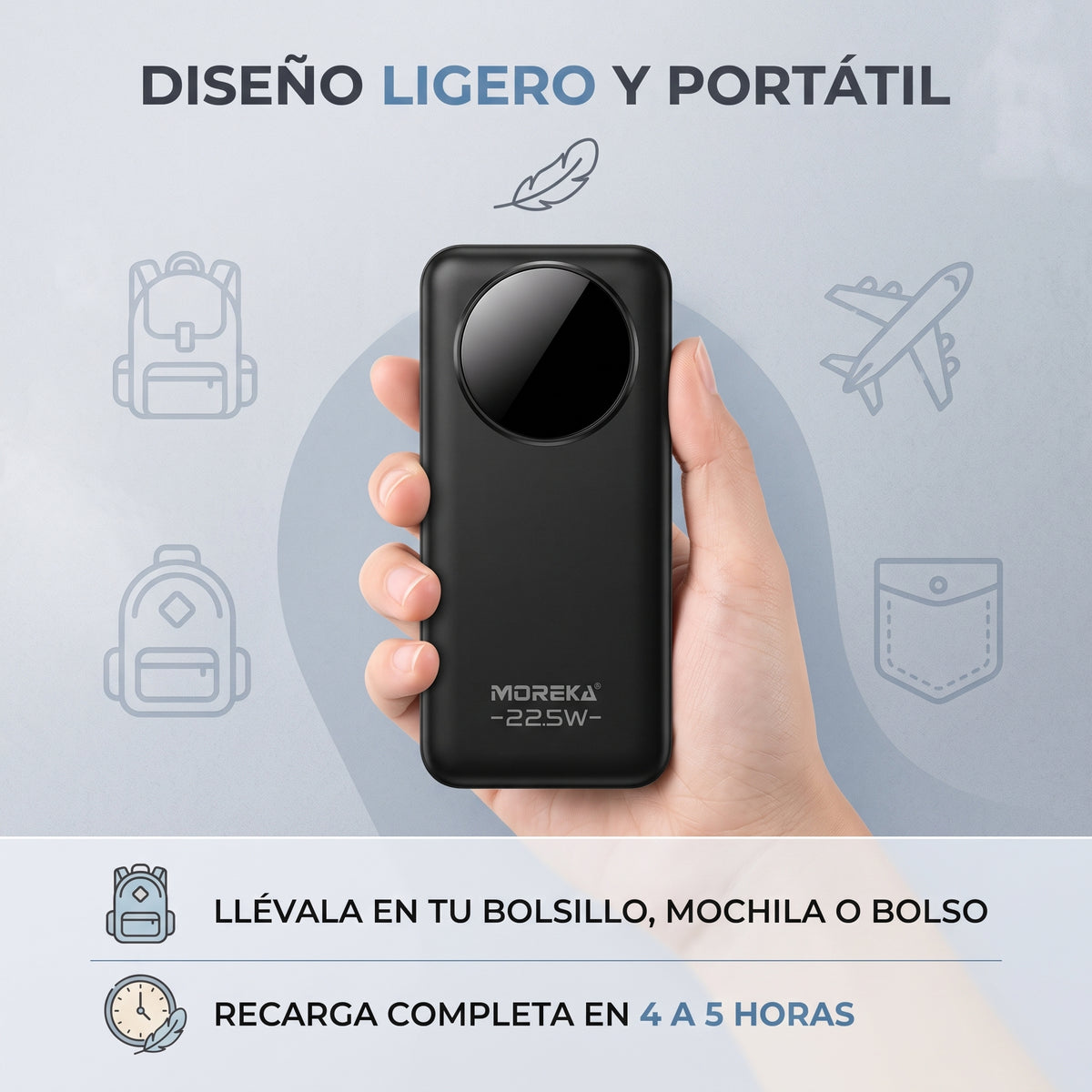 Batería Externa Moreka K116 10000mAh con 22.5W, Cables Integrados y Pantalla Digital