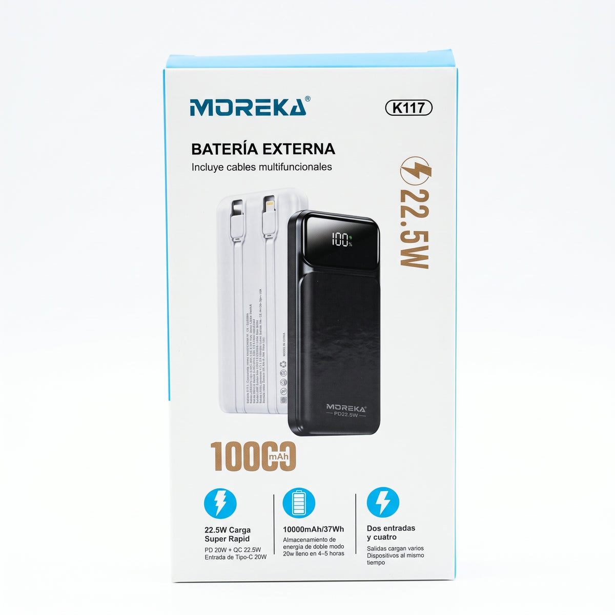 Batería Externa Moreka K117 10000mAh con 22.5W, Cables Integrados y Pantalla Digital