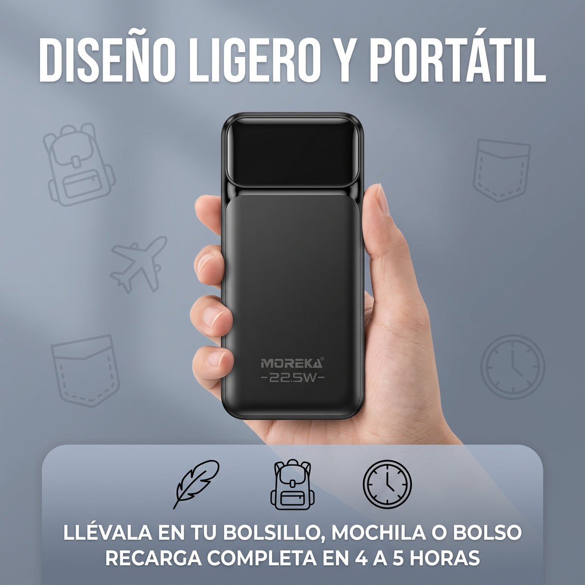 Batería Externa Moreka K117 10000mAh con 22.5W, Cables Integrados y Pantalla Digital