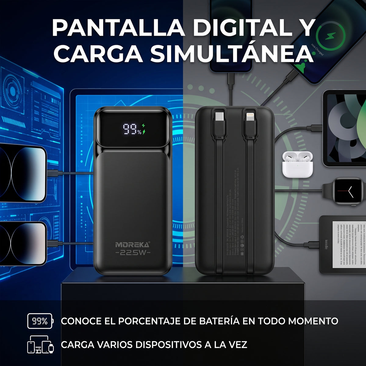 Batería Externa Moreka K117 10000mAh con 22.5W, Cables Integrados y Pantalla Digital