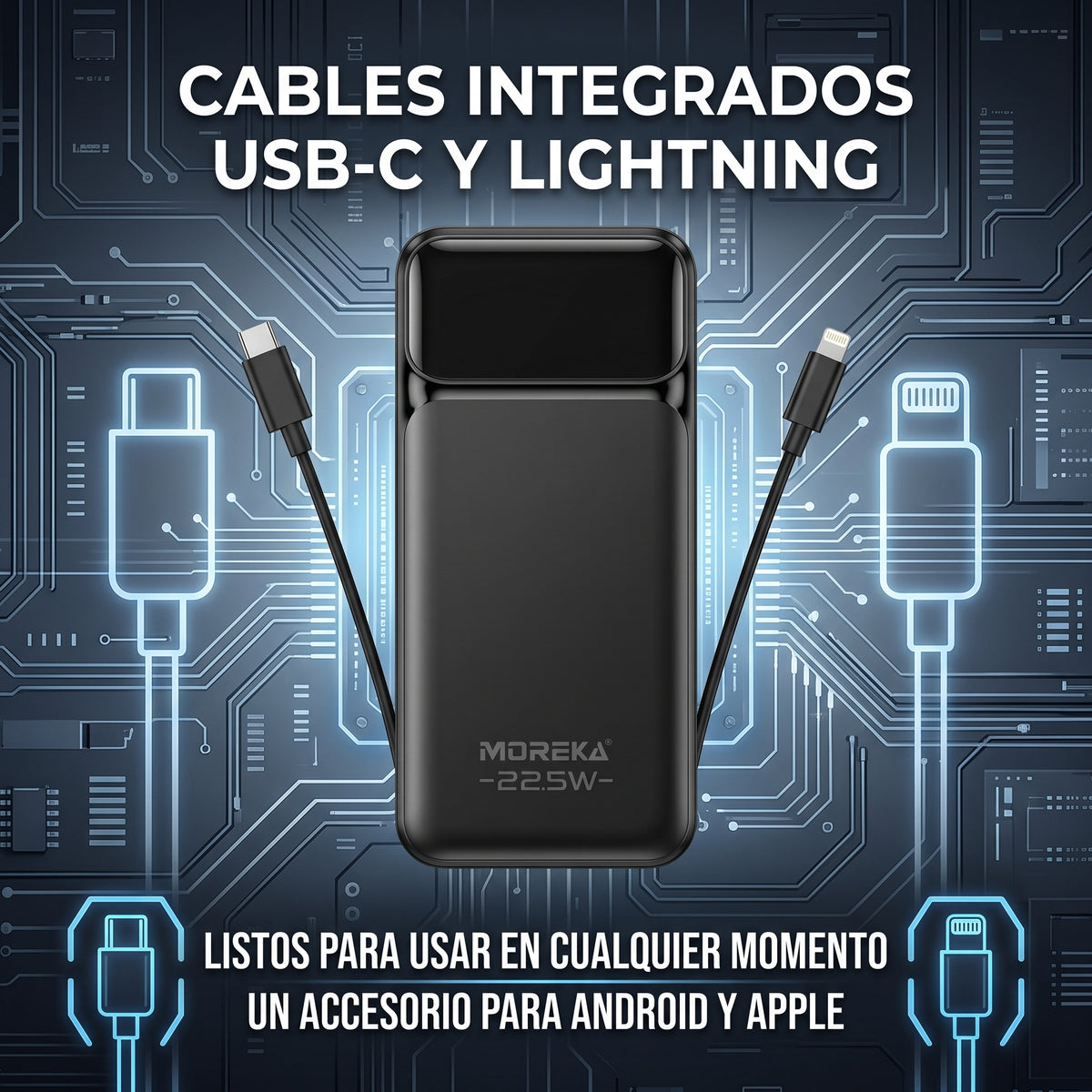 Batería Externa Moreka K117 10000mAh con 22.5W, Cables Integrados y Pantalla Digital