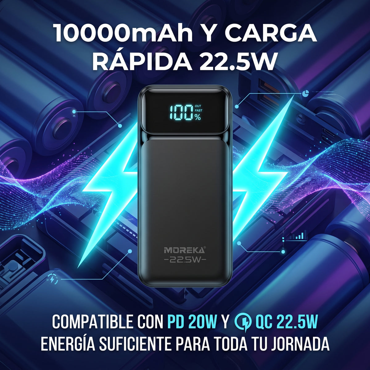 Batería Externa Moreka K117 10000mAh con 22.5W, Cables Integrados y Pantalla Digital