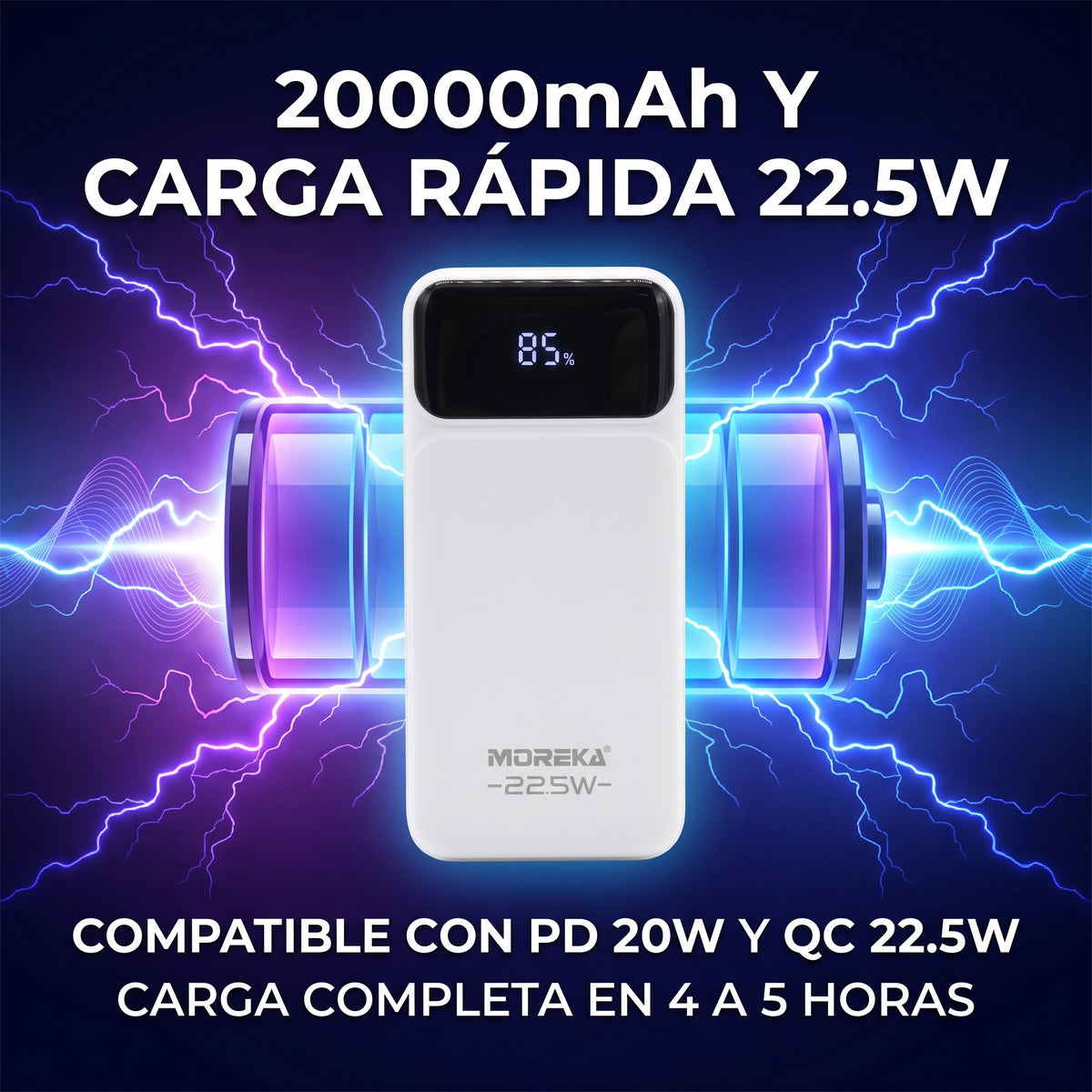 Batería Externa Moreka K118 20000mAh con 22.5W, Cables Integrados Tipo-C y Lightning y Pantalla Digital