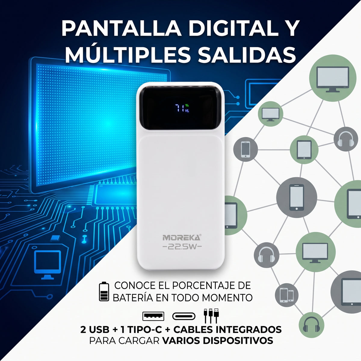 Batería Externa Moreka K118 20000mAh con 22.5W, Cables Integrados Tipo-C y Lightning y Pantalla Digital