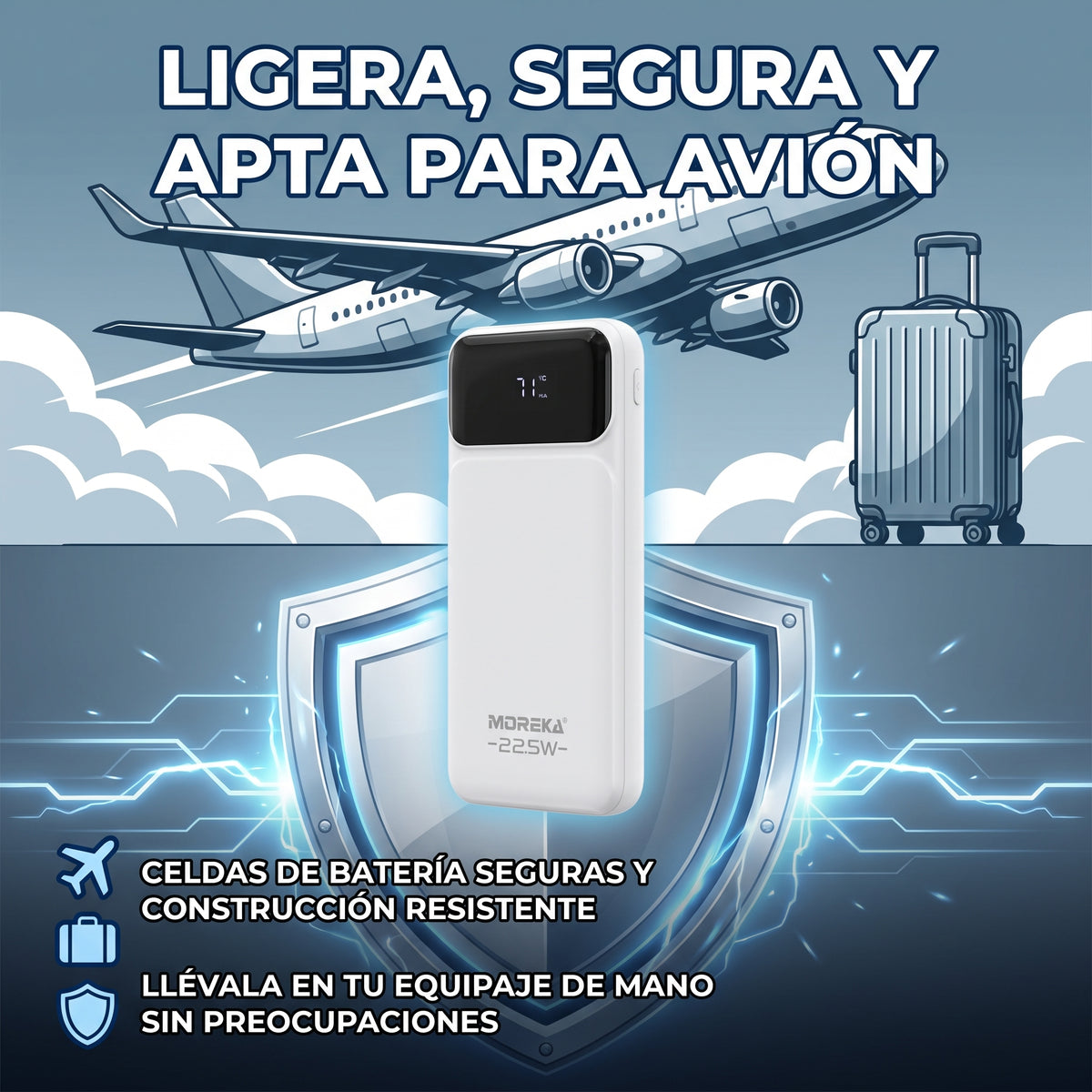 Batería Externa Moreka K118 20000mAh con 22.5W, Cables Integrados Tipo-C y Lightning y Pantalla Digital