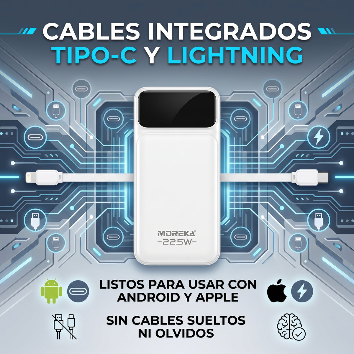 Batería Externa Moreka K118 20000mAh con 22.5W, Cables Integrados Tipo-C y Lightning y Pantalla Digital