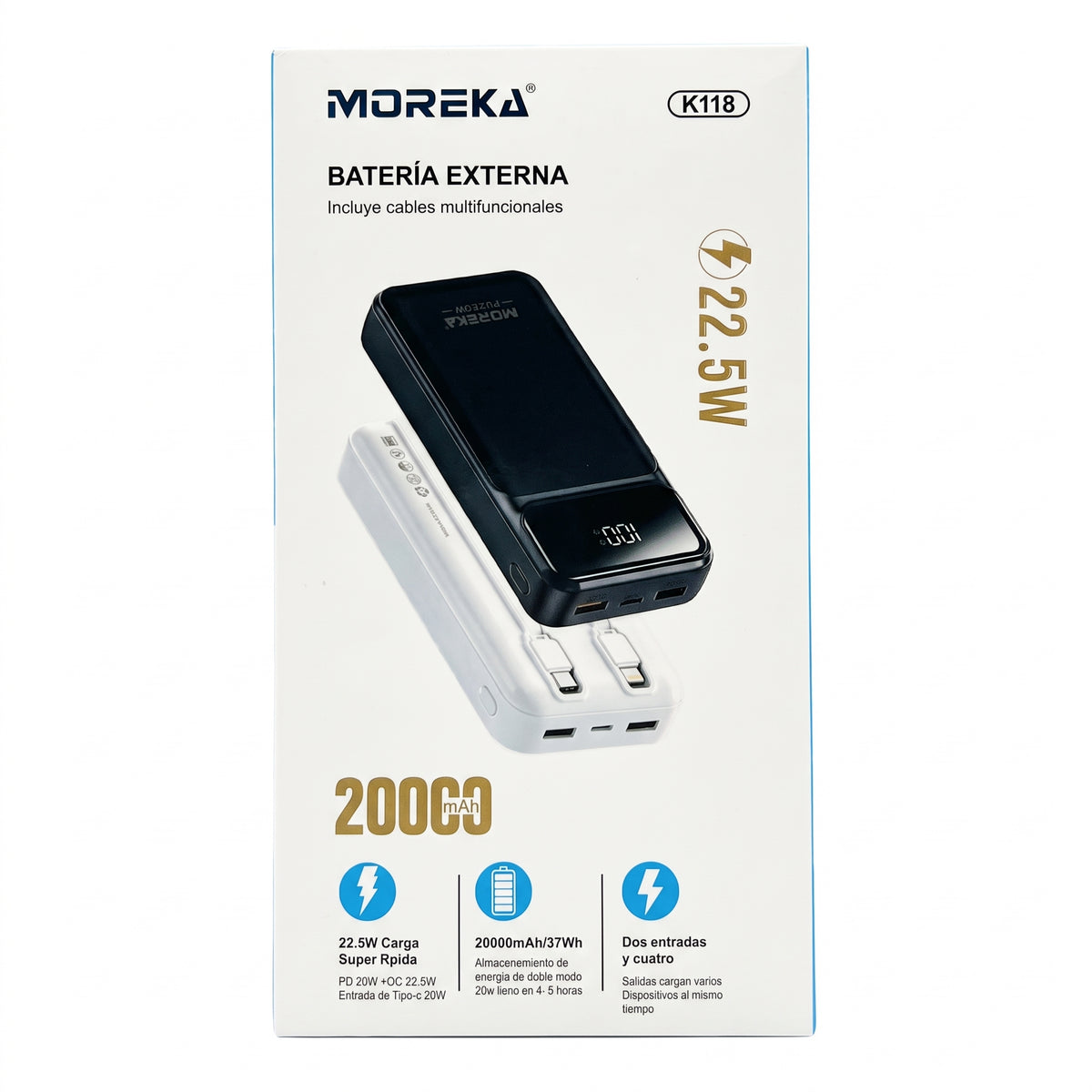 Batería Externa Moreka K118 20000mAh con 22.5W, Cables Integrados Tipo-C y Lightning y Pantalla Digital