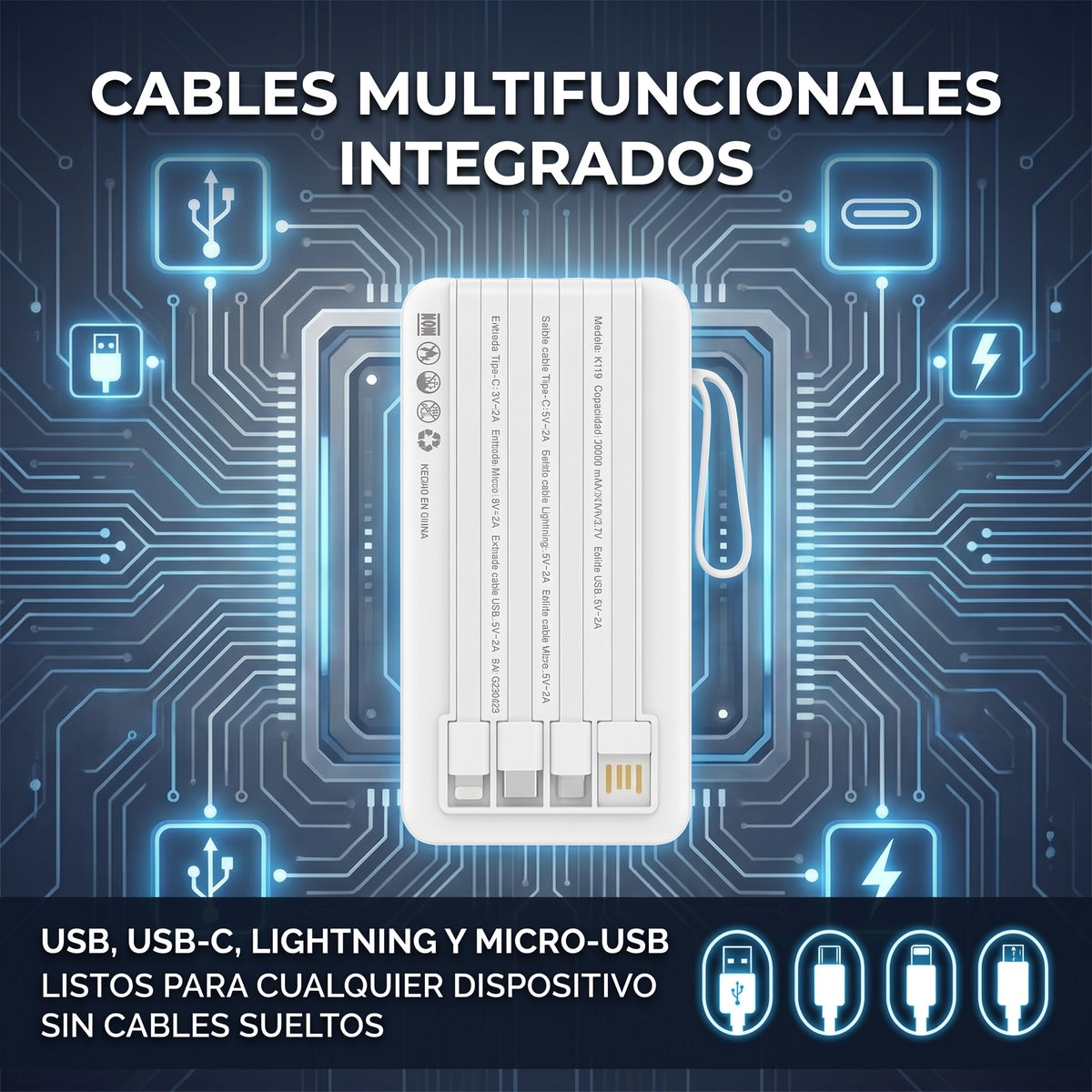 Batería Externa Moreka K119 20000mAh con Cables Integrados y Carga Inteligente