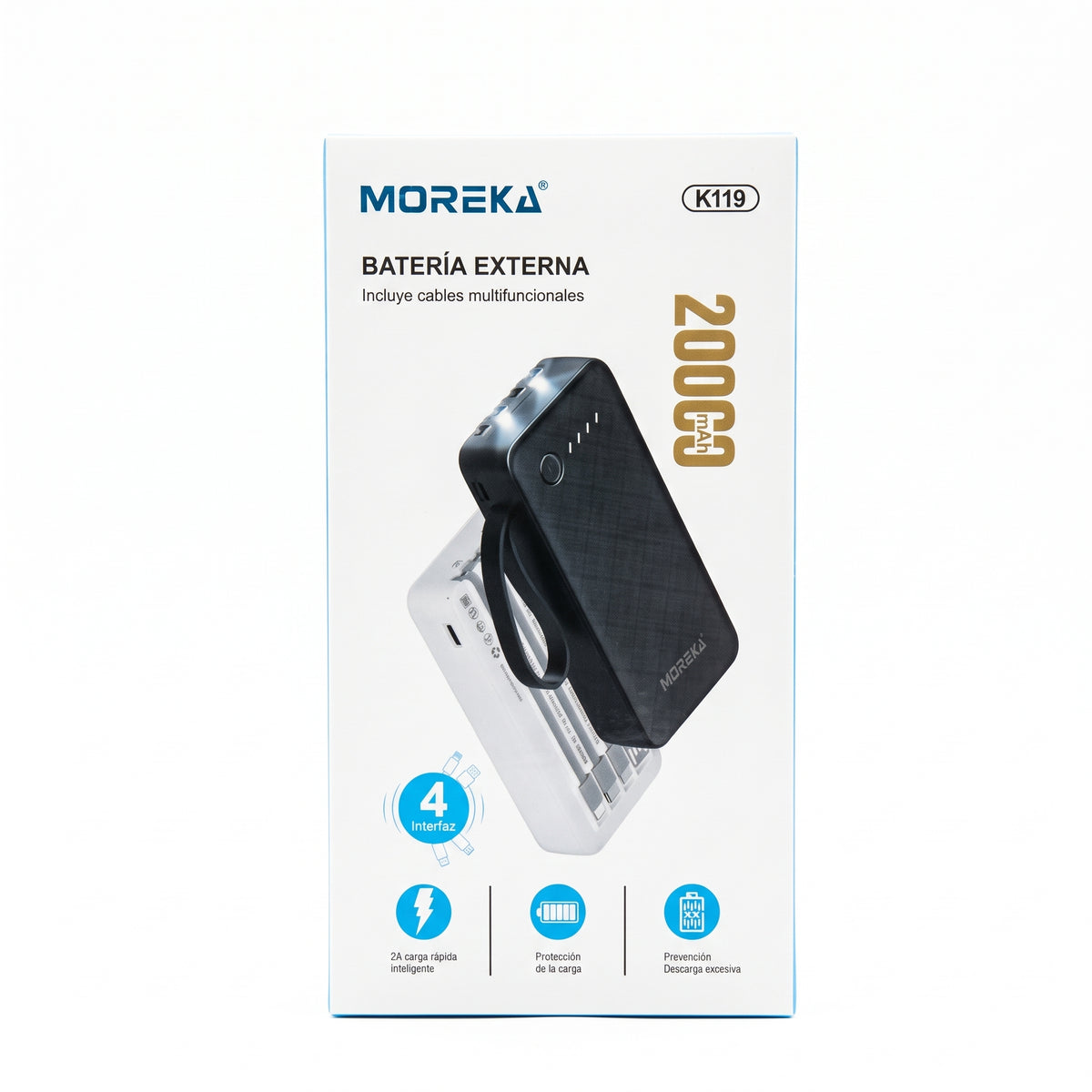Batería Externa Moreka K119 20000mAh con Cables Integrados y Carga Inteligente