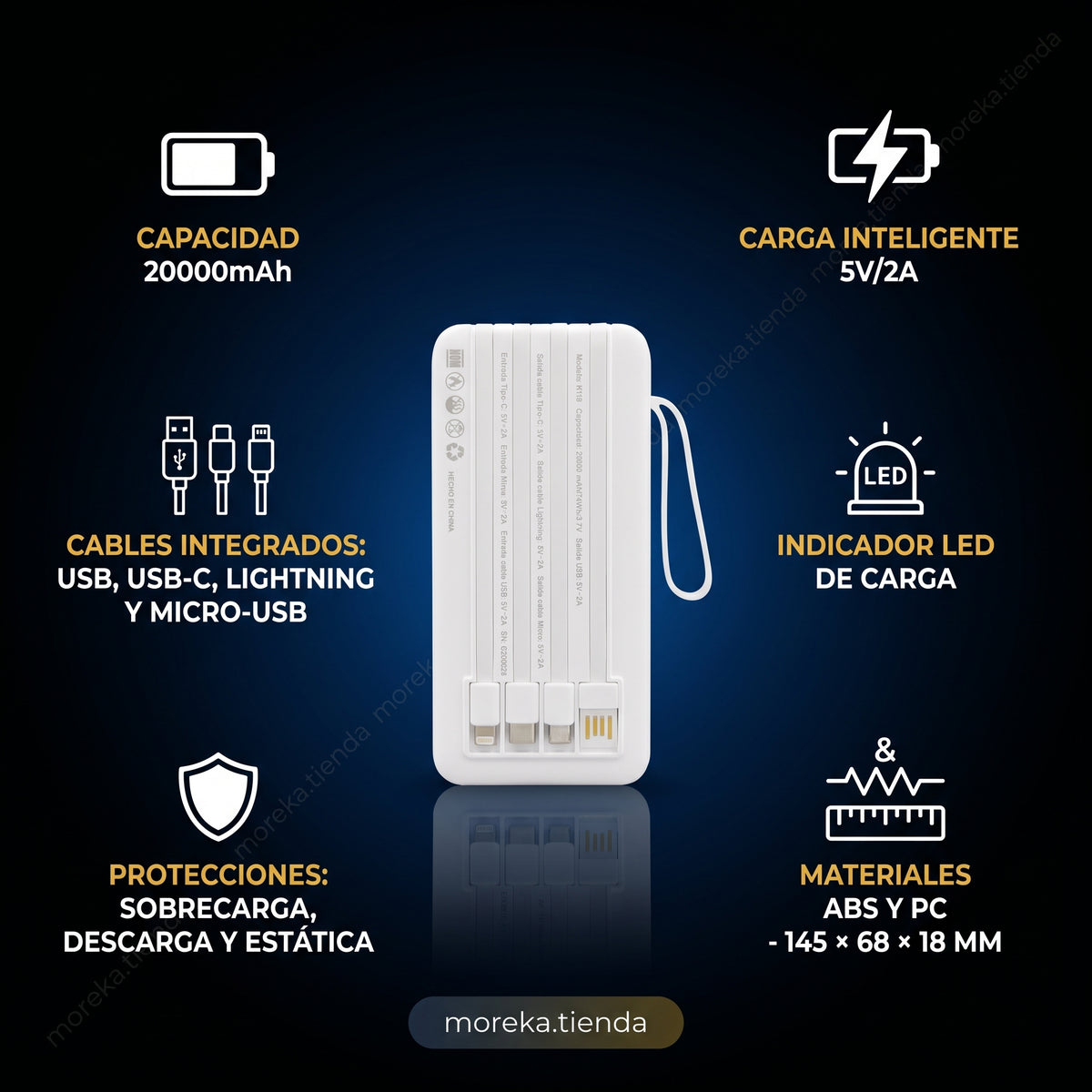 Batería Externa Moreka K119 20000mAh con Cables Integrados y Carga Inteligente