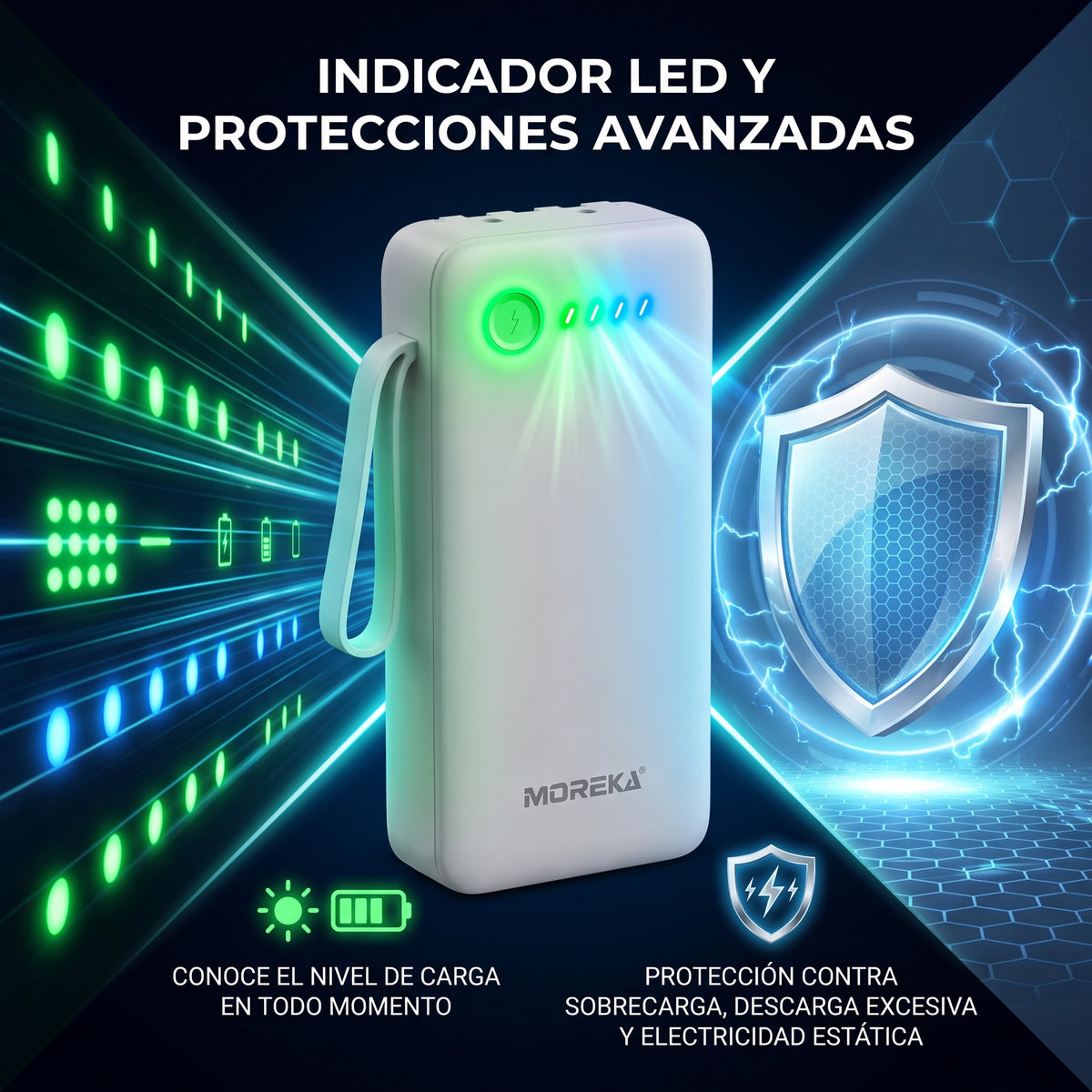 Batería Externa Moreka K119 20000mAh con Cables Integrados y Carga Inteligente