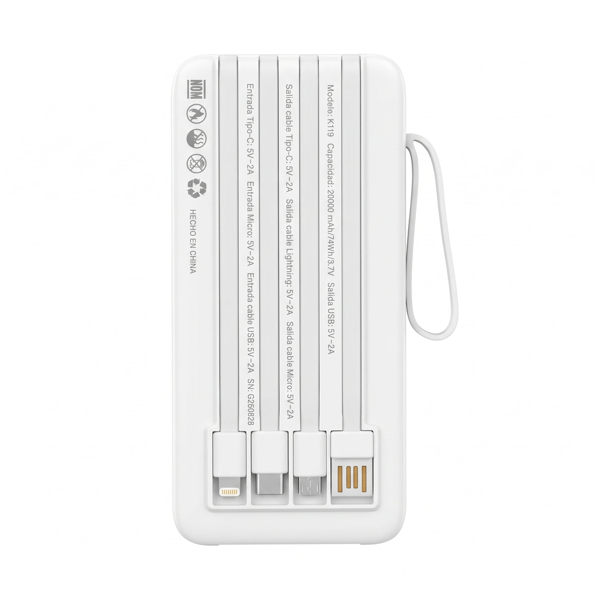 Batería Externa Moreka K119 20000mAh con Cables Integrados y Carga Inteligente