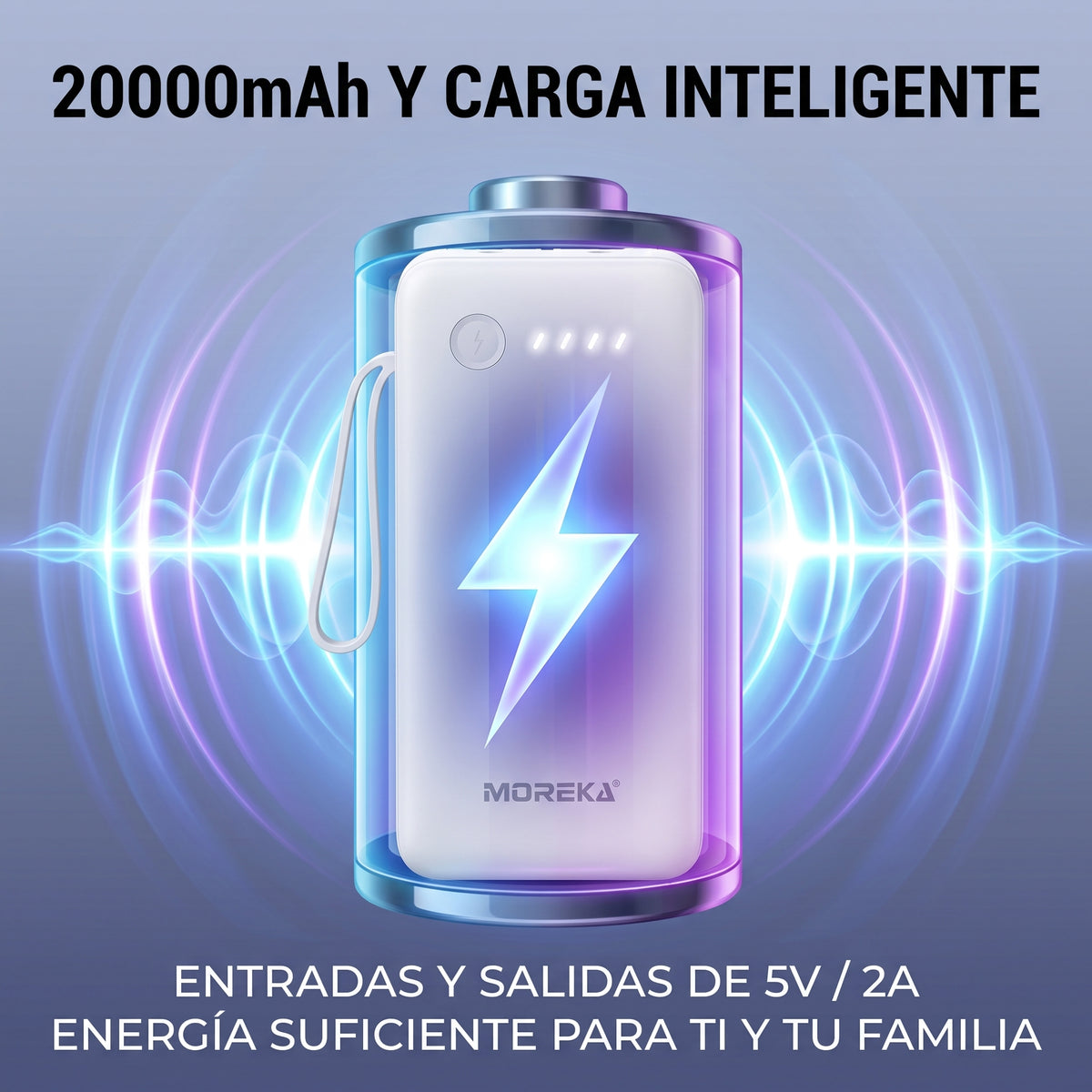 Batería Externa Moreka K119 20000mAh con Cables Integrados y Carga Inteligente