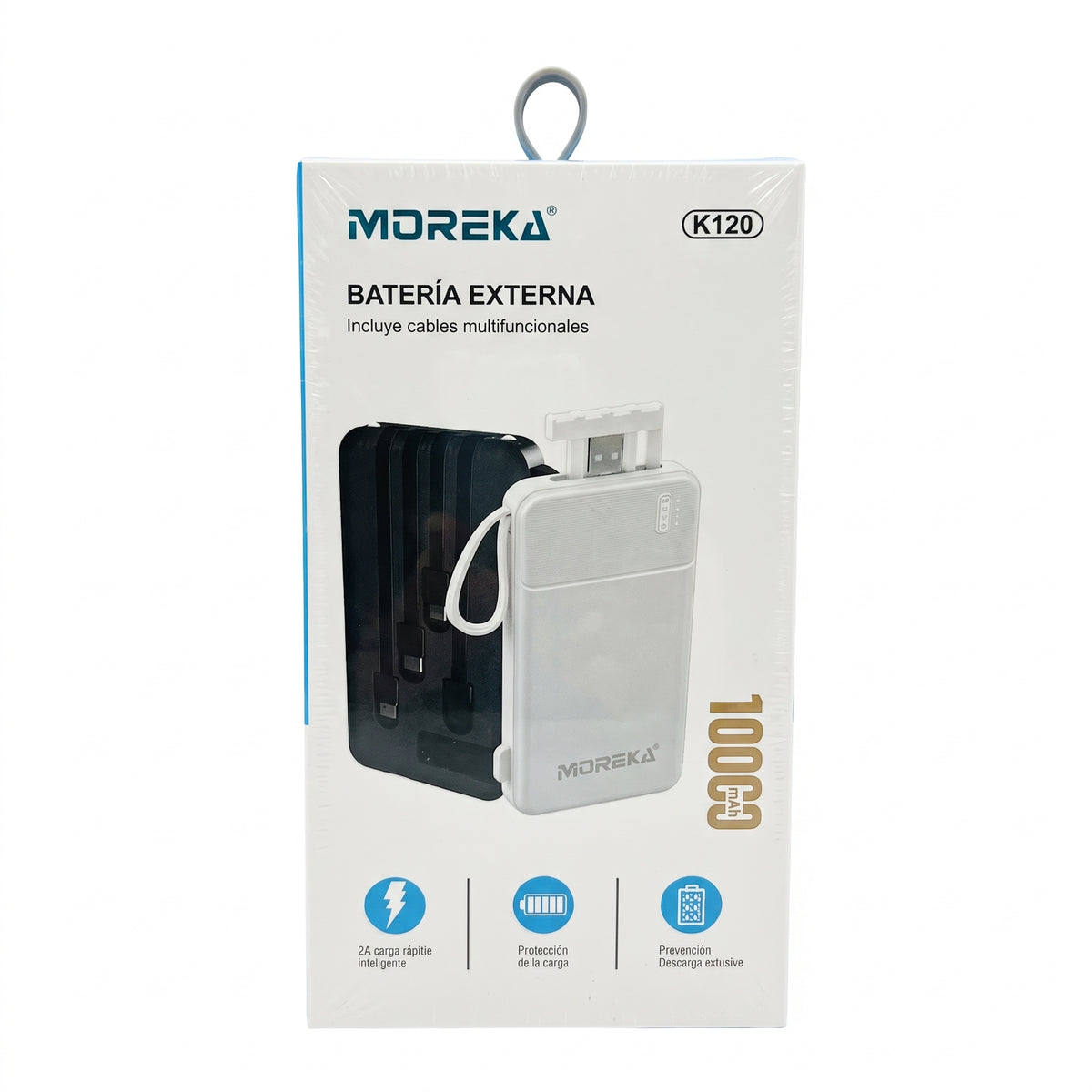 Batería Externa Moreka K120 10000mAh con Cables Integrados y Carga Inteligente 2A