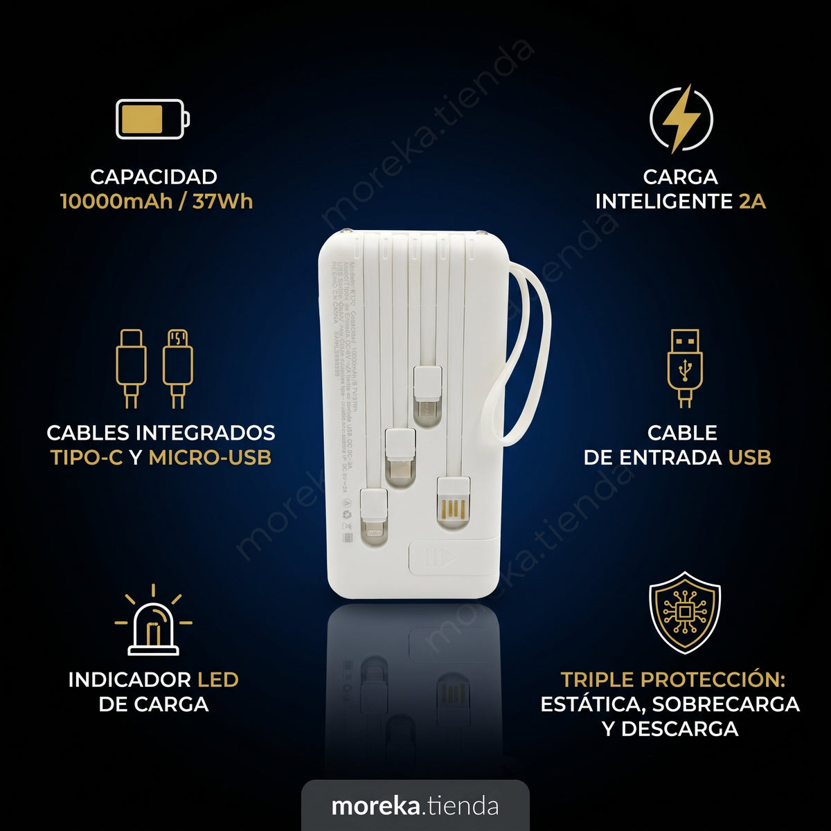 Batería Externa Moreka K120 10000mAh con Cables Integrados y Carga Inteligente 2A